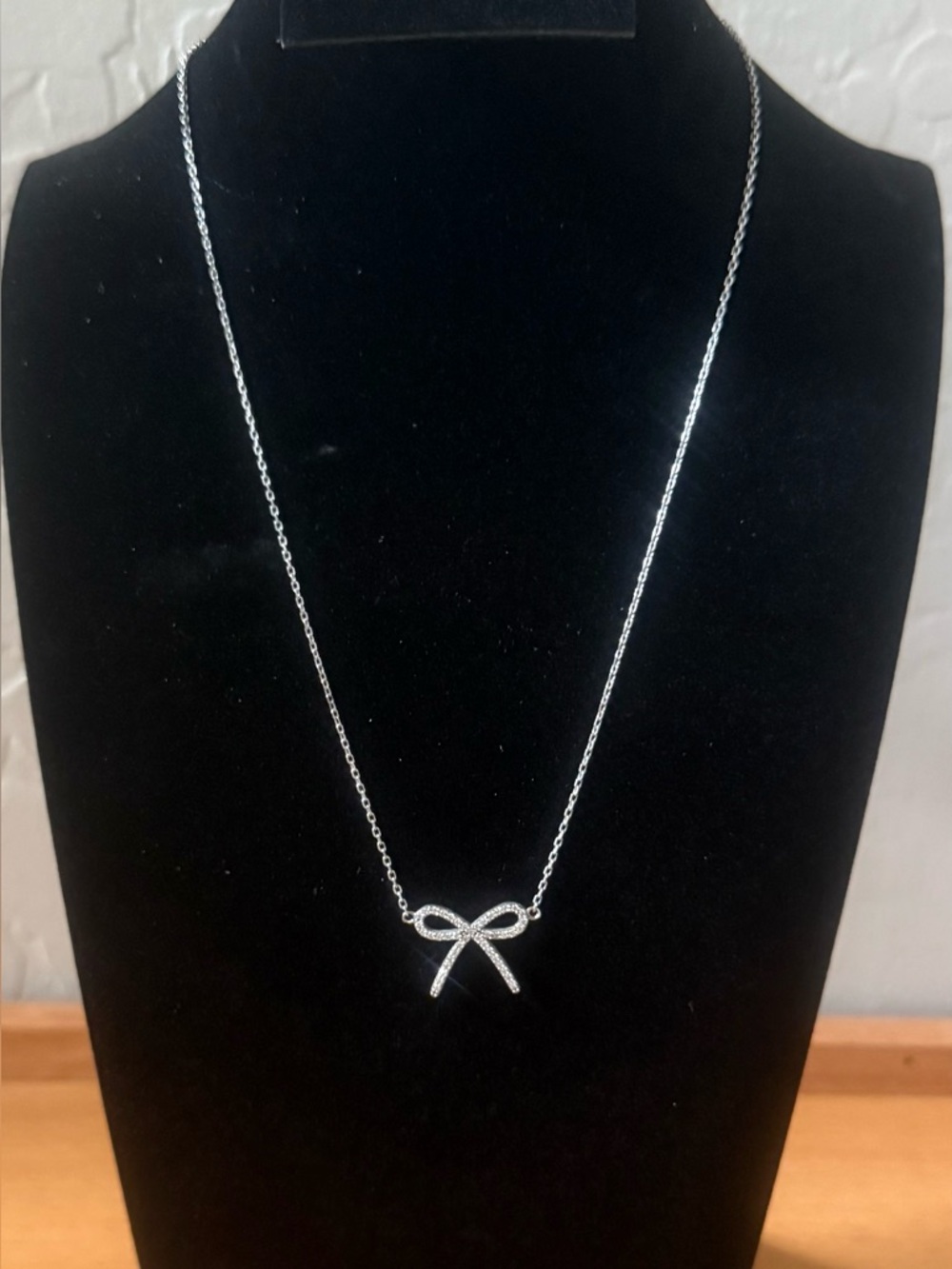 Silver Bow Necklace 18” Dainty CZ Rhinestone Pendant